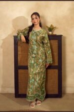 MEHR – Olive Green Floral Printed Embroidered Kaftan