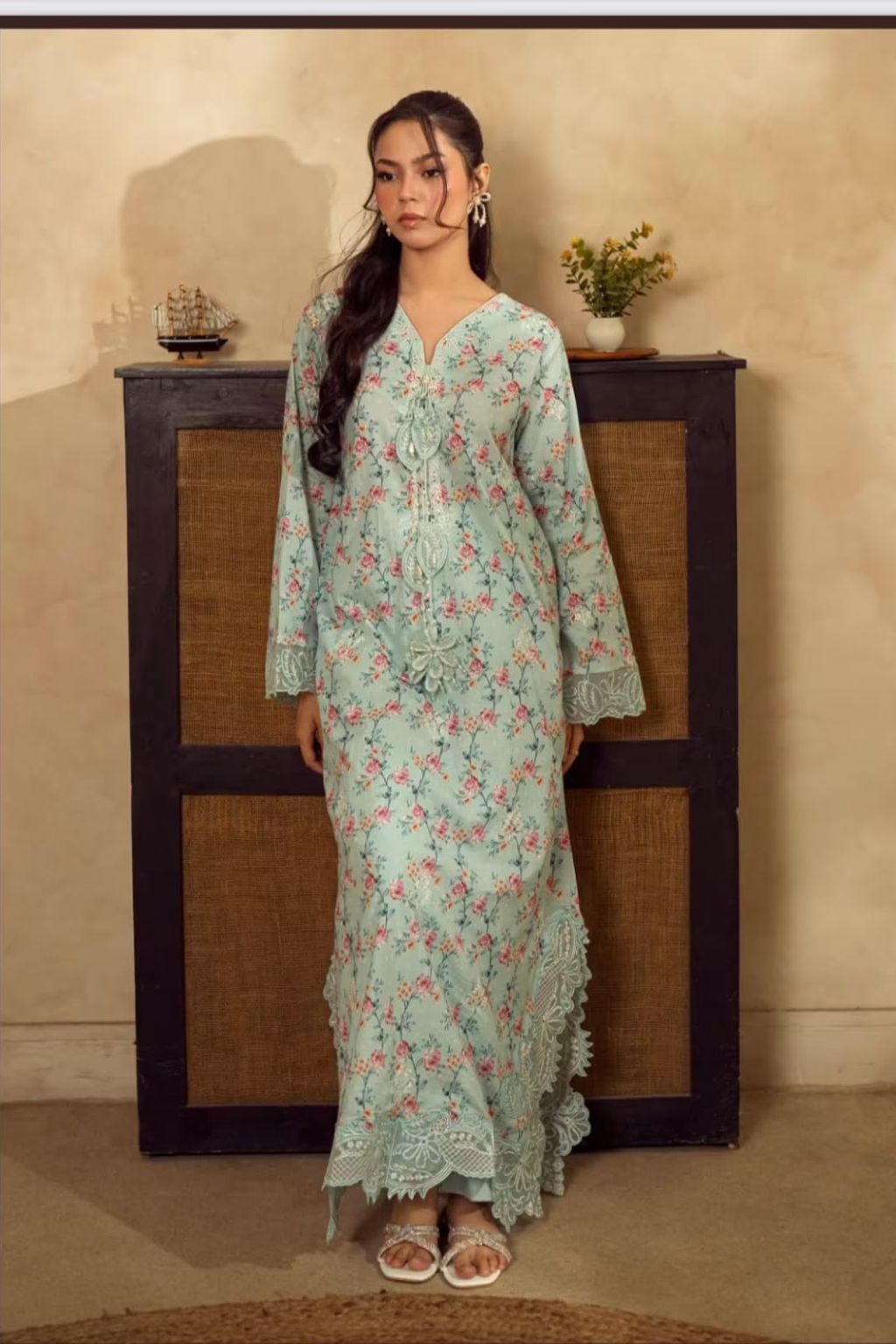 16 NOREN – Pastel Mint Floral Printed Embroidered Kaftan - Image 1